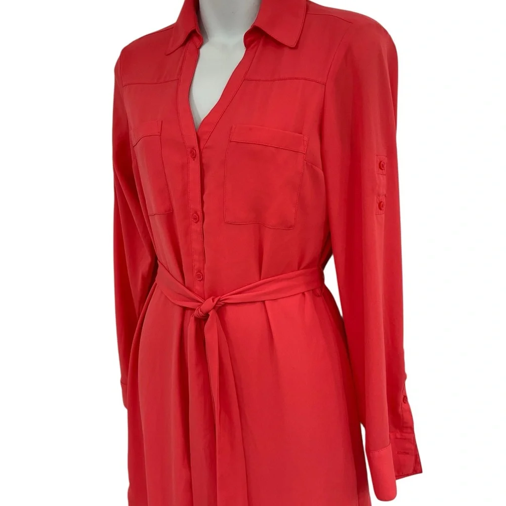Express Red Long Sleeve Notched Collar Shirt Dress size XS Extra Small Summer